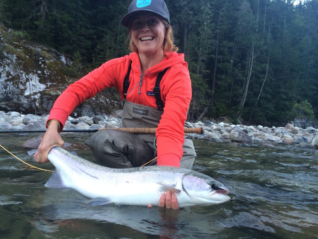 Kathryn Hickman fishing our of Kimsquit Bay Lodge on lower Dean River BC. Yep, she gets the grabs on the swing!